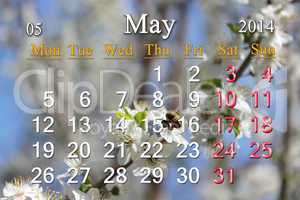 calendar for the May of 2014 year