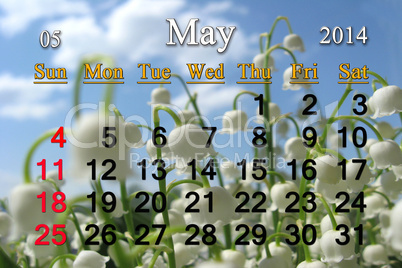 calendar for may of 2014 with lily of the valley