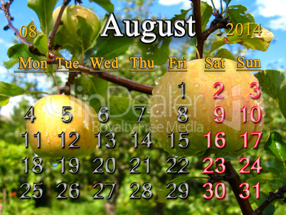 calendar for the august of 2014 year with apples