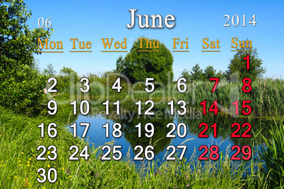 calendar for the june of 2014 on the background of summer