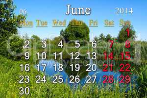 calendar for the june of 2014 on the background of summer