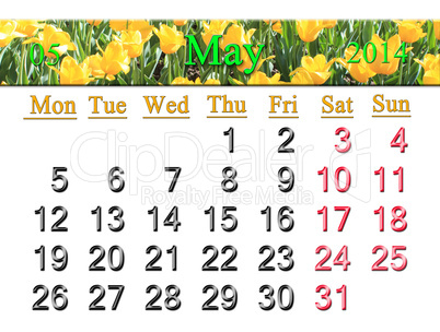 calendar for may of 2014 with tulips on the flower-bed