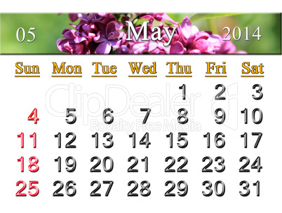 calendar for may of 2014 year with lilac