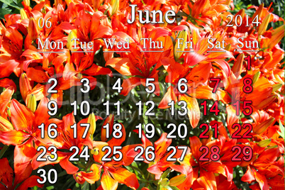 calendar for june of 2014 on the background of lilies