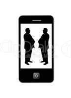modern mobile phone with two silhouettes of men