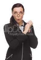 Funny Faced Mixed Race Businesswoman Holding Her Hands to Side