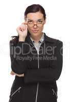 Confident Mixed Race Businesswoman Touching her Glasses.