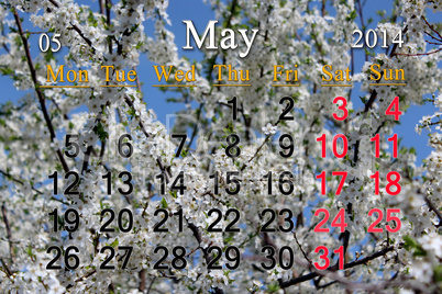 calendar for the may of 2014 year