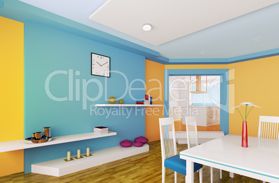 orange blue dining room 3d render