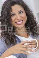 Hispanic Woman Smiling Drinking Tea or Coffee Happy Beautiful
