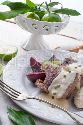 Beef with beetroot and horseradish sauce