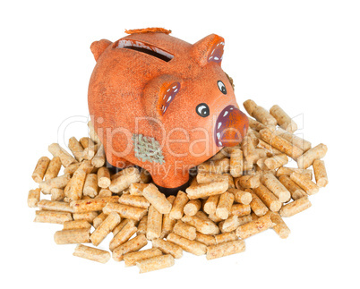 wood pellets with piggy bank