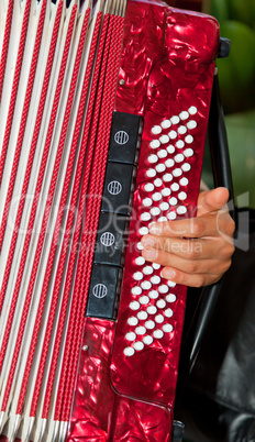 Closeup detail of hands playing a red accordion instrument