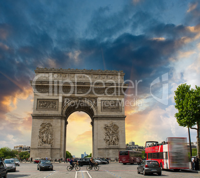 Stunning sunset over Arc de Triomphe in Paris. Triumph Arc Landm