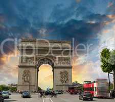 Stunning sunset over Arc de Triomphe in Paris. Triumph Arc Landm