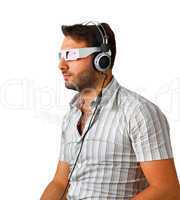 man wearing 3d glasses and headphones