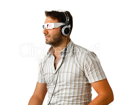 man wearing 3d glasses and headphones