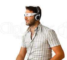 man wearing 3d glasses and headphones