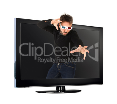 Man Wearing 3d Glasses out of the tv