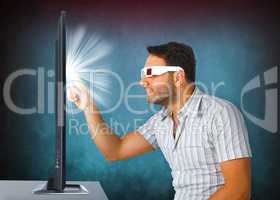 Man Wearing 3d Glasses touches the tv