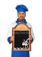 Handsome chef with menu isolated