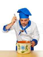 Handsome chef with pot isolated