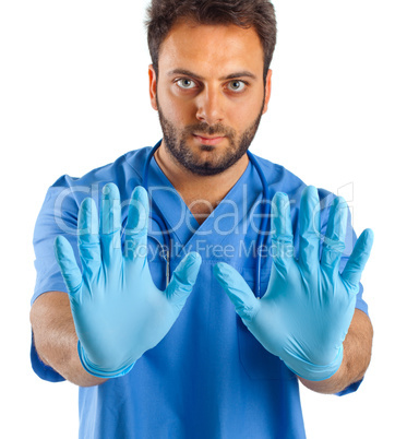 Blue surgical gloves