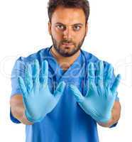 Blue surgical gloves