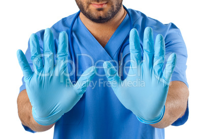 Blue surgical gloves