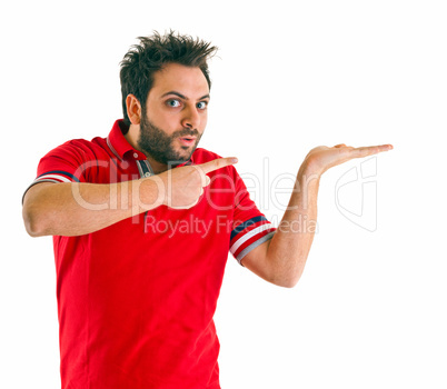 Man pointing with red t-shirt