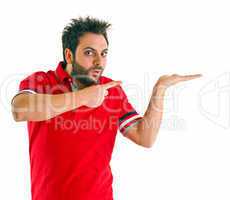 Man pointing with red t-shirt