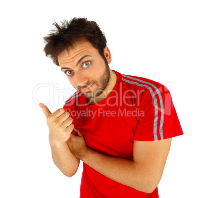 Man pointing with red t-shirt