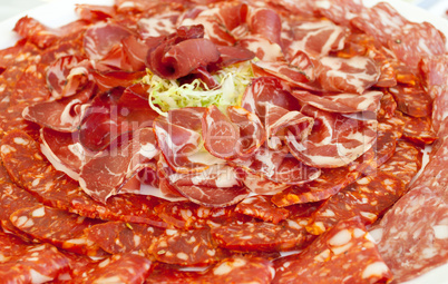 Plate of ham and spicy salami