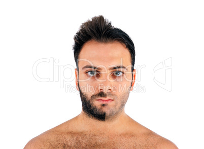 A young man with a beard on half of the face