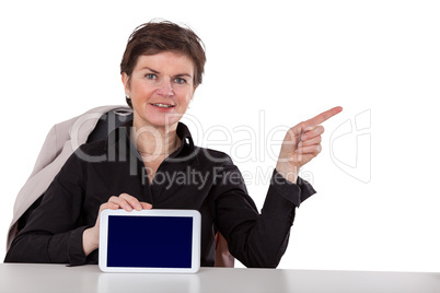 woman holding tablet and raises a finger
