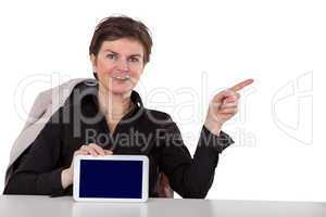 woman holding tablet and raises a finger