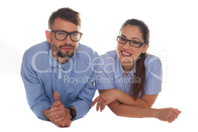 nerdy looking couple looking at camera