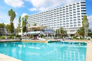swimming pool and building of the luxury hotel, halkidiki, greec