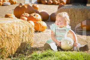 adorable baby girl holding a pumpkin at the pumpkin patch.