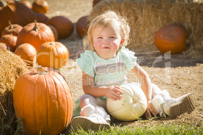 adorable baby girl holding a pumpkin at the pumpkin patch.