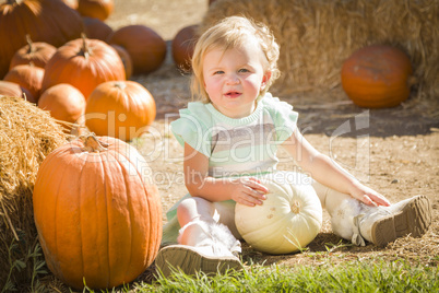 adorable baby girl holding a pumpkin at the pumpkin patch.