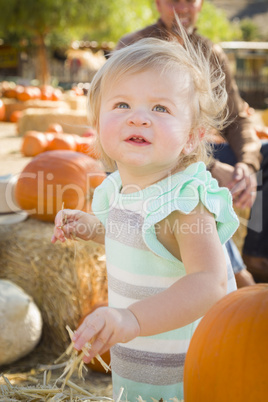 adorable baby girl having fun at the pumpkin patch.