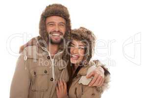 laughing couple in winter fashion