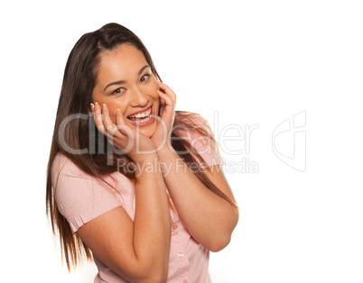 happy young woman expressing surprise
