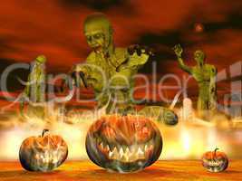 halloween pumpkins in fire - 3d render