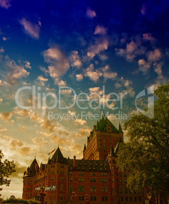 Quebec City. Beautiful view of Hotel de Frontenac with trees and