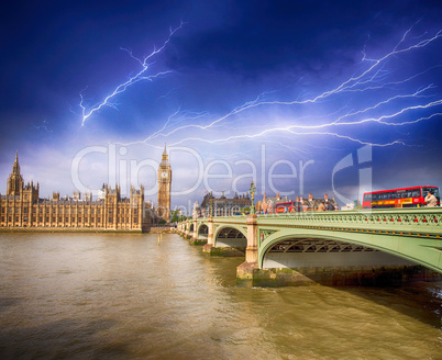 Dramatic stormy sky over Westminster Bridge in London.