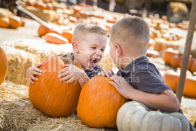 two boys at the pumpkin patch talking and having fun.