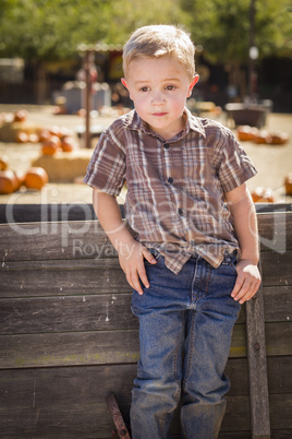 little boy with hands in his pockets at pumpkin patch.