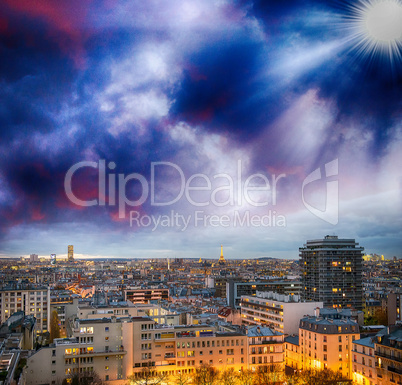 Paris, France. Wonderful city aerial view at winter sunset